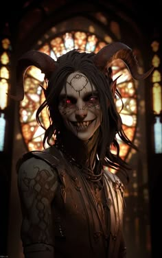 a woman with horns and makeup in front of a stained glass window