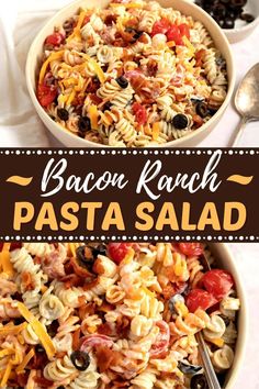 bacon ranch pasta salad in a white bowl