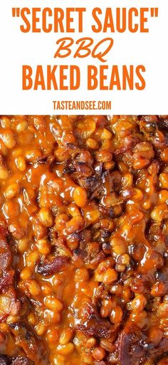 baked beans and bacon are in a pan with sauce on top, ready to be eaten