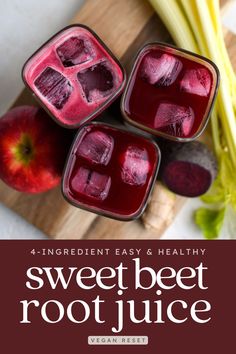 three glasses filled with sweet beet root juice on top of a cutting board