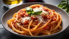 a plate of spaghetti with sauce and parmesan cheese on top, next to a glass of beer