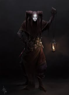 a person with a mask holding a lantern in their hand and wearing a hooded outfit