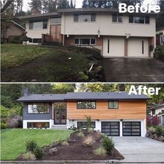 before and after photos of a house with wood siding on the outside, and in the inside