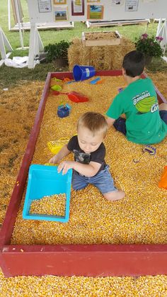 two young boys sitting on the ground playing in corn