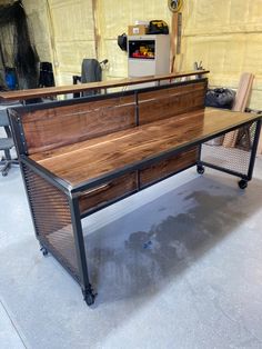 a desk made out of wood and metal