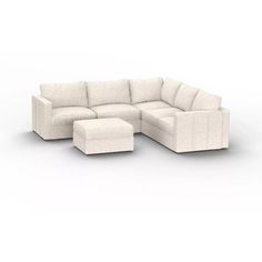 a white sectional couch and ottoman on a white background, with the seat facing outward