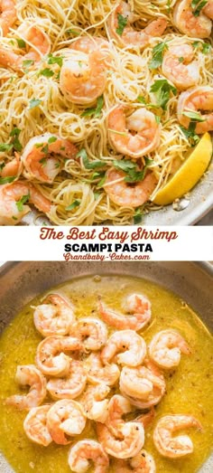 shrimp pasta in a skillet with lemon and parsley on the side, and an image