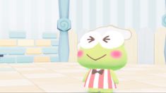 an animal crossing game with a green frog wearing a red and white striped shirt, standing in the middle of a room