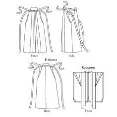 Hakama for men and women, all sizes based on waist measurement. Kataginu in one size. During the Edo period in Japan (1615-1868), members of the samurai or warrior class wore the Kamishimo, a traditional costume made up of the Kataginu or pleated-front vest and Hakama or pleated pants/skirt. The two garments were typically worn over a knee-length kimono for formal occasions. Today, the garments are frequently worn for official occasions, martial arts, and historic reenactment. Since the Hakama i Japanese Hakama, Hakama Pants, Costume Sewing, Japanese Sewing Patterns, Costume Sewing Patterns, Japanese Sewing, Kimono Pattern, Paneled Skirt, Kendo