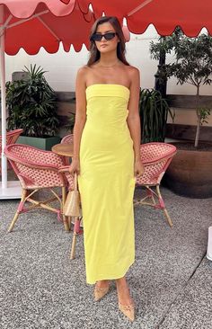 New Message Lemon Yellow Outfit, Strapless Dress Jewelry, Dainty Jewellery, Prom Midi Dress, 60's Dress, Summer Playsuit, Yellow Midi Dress, Strapless Midi Dress, Beginning Boutique