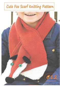 a little boy wearing a scarf with a fox on it and the words cute fox knitting pattern