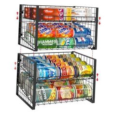 two metal baskets filled with food and drinks on top of each other in front of a white background