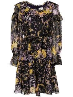 black/purple/yellow rear keyhole fastening crew neck ruffle collar belt loops detachable belt tied waist pleat detailing all-over butterfly print elasticated cuffs ruffle cuffs long sleeves ruffle hem A-line above-knee length Marchesa Gold Dress, Neck Ruffle Collar, Marchesa Short Dress, Marchesa Floral Gown, Yoko London, Ruffle Collar, Wardrobe Edit, Exclusive Fashion, Marchesa