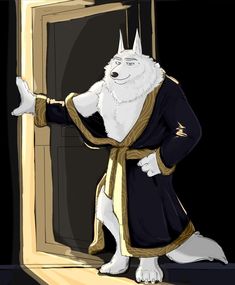 a white wolf dressed in black and gold standing at an open door with his arms outstretched