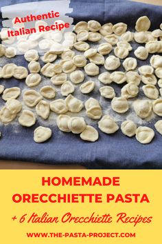 homemade orecchini pasta on a blue towel with the title overlaying it