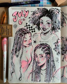 an open notebook with drawings of girls on the pages and markers next to it, along with pens