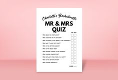 a printable mr and mrs quiz is shown on a pink background with the words charlotte's bachelor written in cursive writing