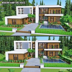 two different views of a modern house in the middle of some trees and bushes,