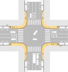 an overhead view of a four way intersection