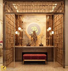 a room with a buddha statue on the wall and a bench in front of it