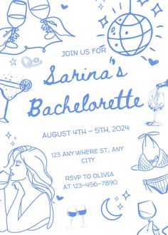 a blue and white flyer for a bachelor party with wine glasses, champagnes, and other items