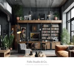 a living room filled with lots of furniture and bookshelves next to large windows