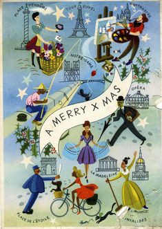 a merry x - mas poster with people dressed in old fashioned clothing and hats on it