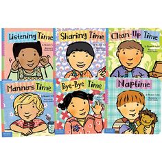 four children's books with the words, listening time, sharing time, clear - up time and naptime