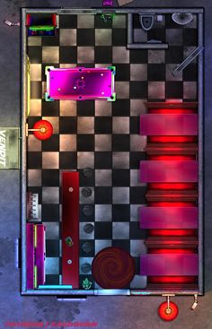 an overhead view of a bathroom with red and purple lights on the walls, flooring and toiletries