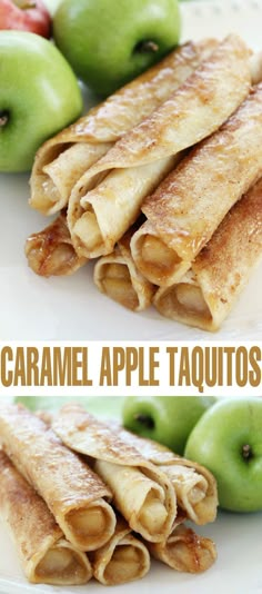 two pictures of some food on a plate with apples in the background and an image of caramel apple taquitos