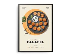 the poster for falafel is shown above a plate with food on it