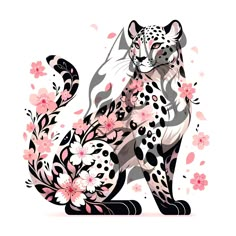 a black and white leopard with pink flowers on it's tail, sitting in front of