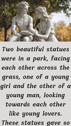 two beautiful statues are in a park facing each other across the grass