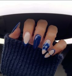 Fun Nail Designs Blue, Red And Blue Almond Nails, Dark Blue French Tips Almond, Beachy Nail Inspo Almond, Nail Design Dark Blue, Almond Dark Nails, Navy White Nails, Almond Nails Blue Design, Summer Nails Dark Blue