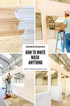 a man is painting the inside of a white washroom with wood floors and walls