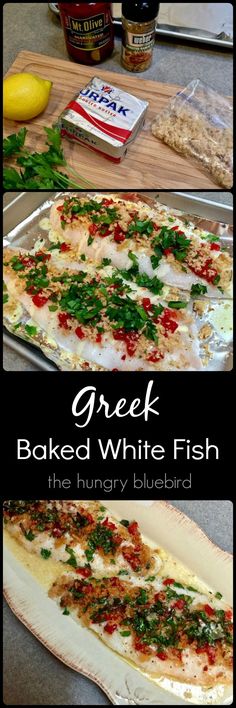 baked white fish with herbs and parsley on the top, next to other ingredients