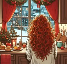 a painting of a woman looking out the window at christmas decorations and food on the counter