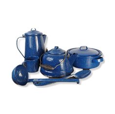 a collection of blue pots, pans and utensils on a white background