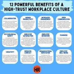 the 12 powerful benefits of a high - trust workplace culture infographical poster for hr