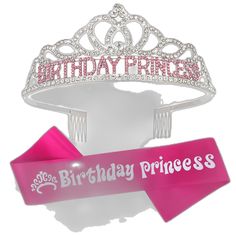 a tiara with the words birthday princess on it and a pink ribbon around it