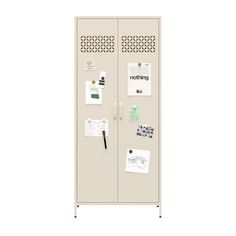 a white locker with papers and magnets attached to it's doors, on a white background