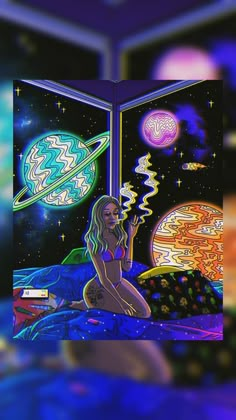 a woman sitting on top of a bed in front of an open window with planets