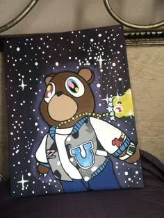 a painting of a teddy bear wearing a space suit with stars in the sky behind it