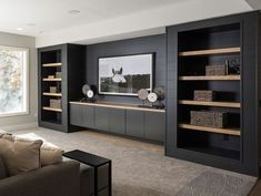 a living room filled with lots of furniture next to a wall mounted flat screen tv