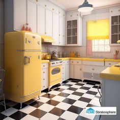 a yellow refrigerator sitting in the middle of a kitchen next to a stove top oven