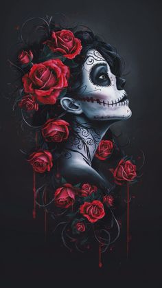 a painting of a woman with roses in her hair and skull face paint on it