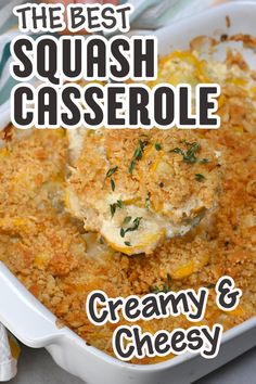 A white baking dish filled with creamy and cheesy squash casserole, topped with a golden cracker crust and garnished with fresh thyme. Best Squash Casserole, Easy Squash Casserole, Cheesy Squash, Yellow Squash Casserole, Potluck Side Dishes, Cracker Toppings, Summer Side Dish