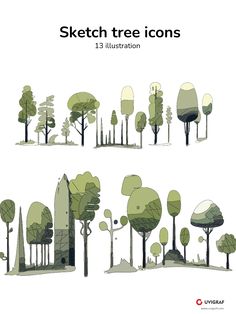 various trees and bushes are shown in this graphic art workbook, which shows how to draw