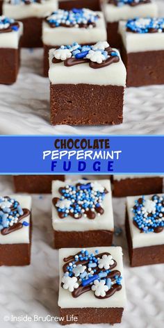 chocolate peppermint fudge brownies with white frosting and blue sprinkles