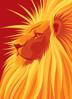 a close up of a lion's head on a red and yellow background,